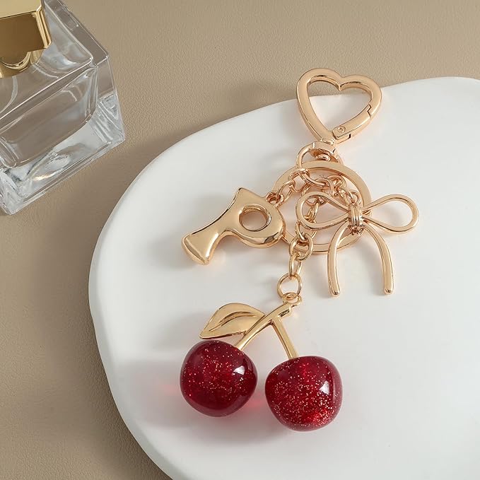 Snycler Bubble Initial Keychain with Cherry & Bow - Gold Letter Bag Charms for Women, Cute Purse Handbag Accessories