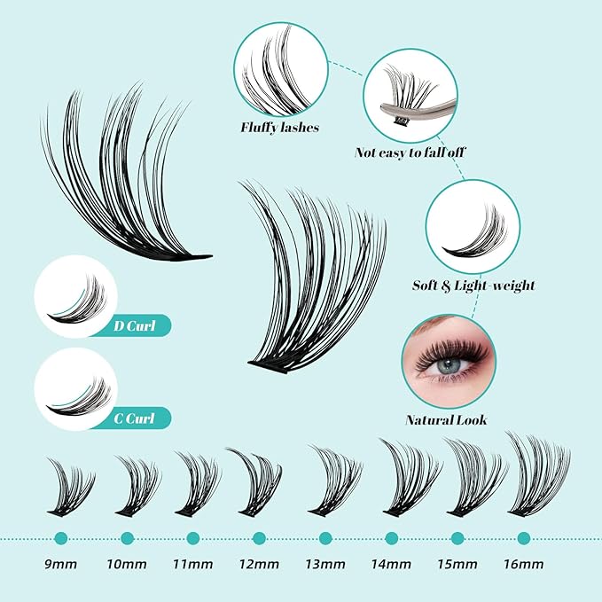Lash Clusters Kit 320Pcs,30D 40D Eyelash Extension Kit,Lash Bond and Seal Waterproof,Lash Remover for Individual Cluster Lashes Kit,Lash Applicator Tool for DIY Lash Extension Kit(D-Mix9-16mm Kit)