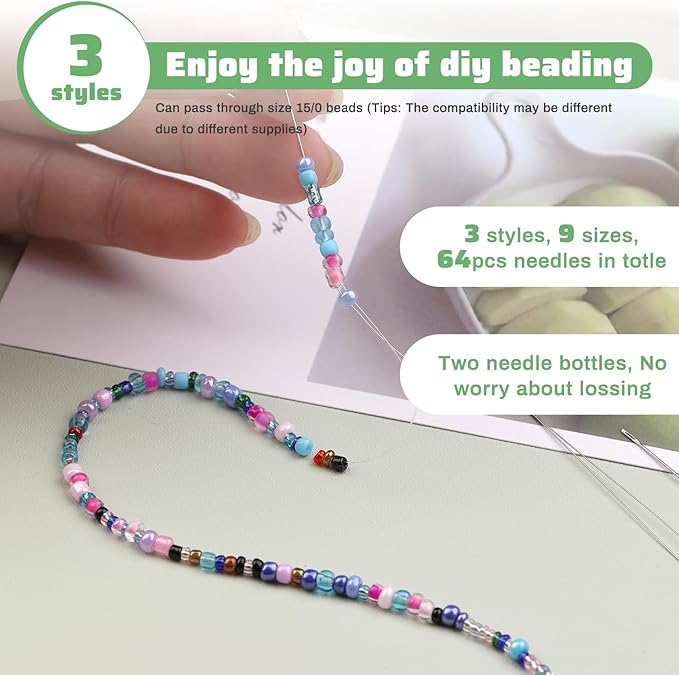 GarfxG 64 PCS Beading Needles Set Include Big Eye Collapsible, Twisted Wire Seed and Straight Beading Needles, Threaders for Jewelry Making, Sequin Embroidery Crafting DIY