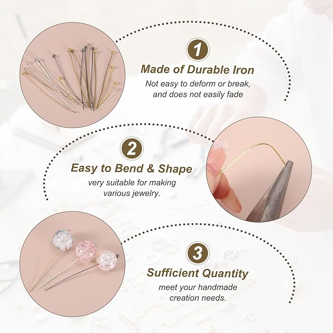 PATIKIL 1.8 Inch Ball Pins, Jewelry Making Headpins Straight Pins Findings Bendable for DIY Craft Bracelet Necklace Earring Pendant Making Supplies-400Pcs(Silver Gold)