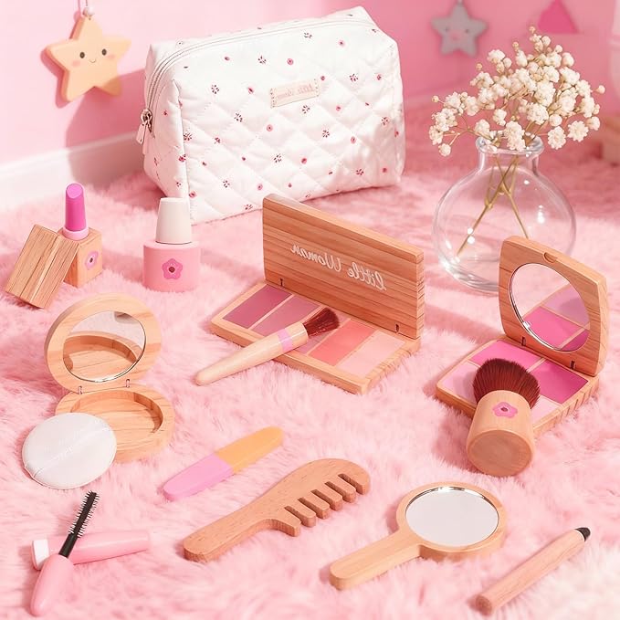 Wooden Makeup Toy Set for Girls - Pretend Play Makeup Kit for Toddlers 3-5 with Eyeshadow/ Mascara/ Perfume/ Blush/ Mirror/ Bag, Birthday Gifts for Girls Toys Kids Aged 3 4 5 6 7 8