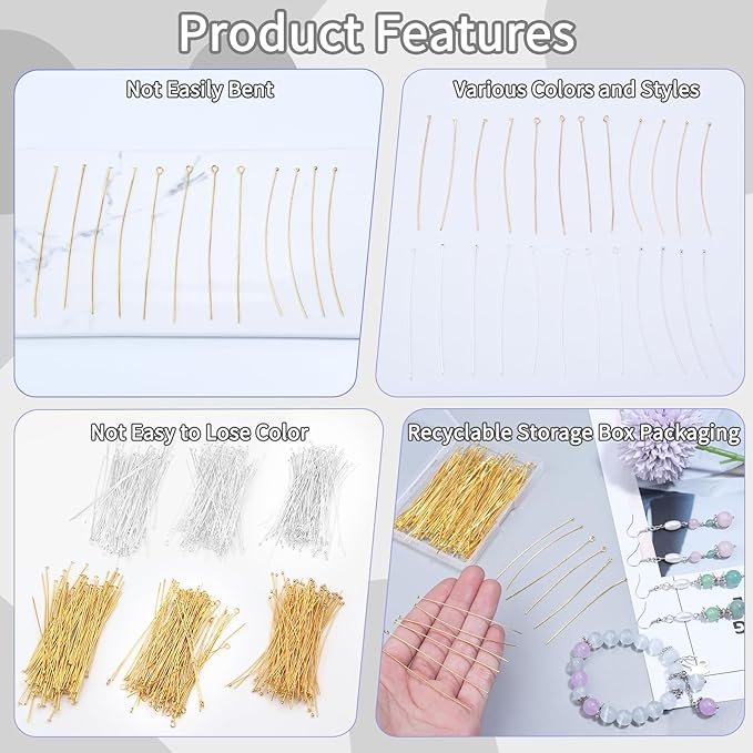 210 Pcs 70mm/2.76 Inch 21 Gauge Eye Pins Head Pins Ball Pins for Jewelry Making, Yumttero Straight Mixed Pin for Craft Earring Bracelet Necklace Pendant Jewelry Making (Mixed Pins,Sliver Color)