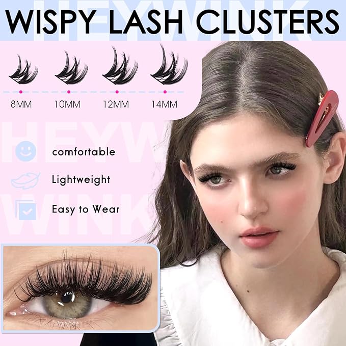 Flora Lash Clusters Kit Short 8-14mm Wispy Eyelash Clusters WideSpan DIY Eyelash Extension Kit Lashes Individual Lashes Eyelashes Clusters with 0.05mm Ultra-Thin Black Band by HEYWINK(Flora Short Kit)
