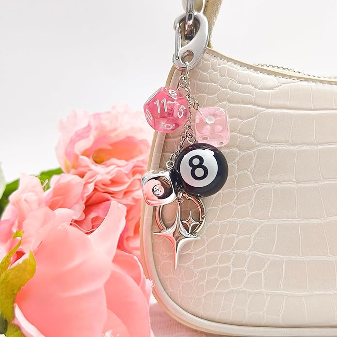 Y2K Keychain for Women, 8 Ball Dice Charm with Carabiner Clip - Cute Goth Core Keychain Bag Charm for Keys Bags Jeans