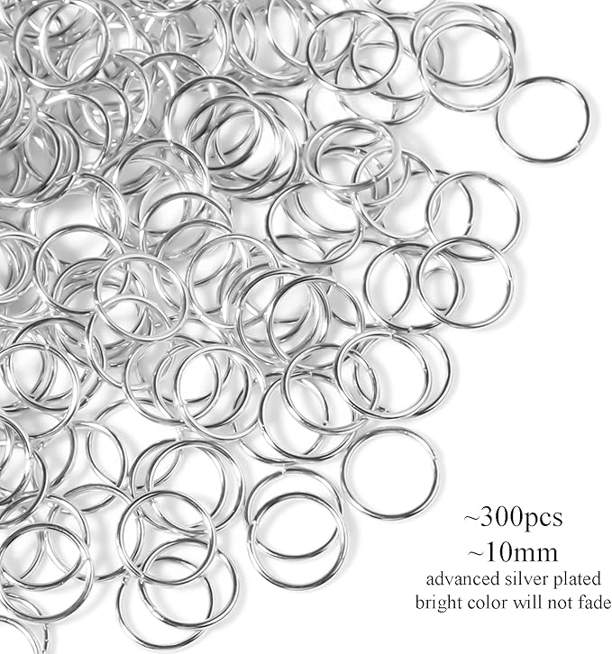 300Pcs 10mm Open Jump Rings Silver Plated Jump Rings for Jewelry Making Single Ring Bulk for DIY Craft Earring Necklace Bracelet Pendant Choker Jewelry Making Findings and Key Ring Chain