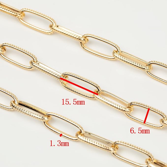 16.4 Feet Aluminum Oval Light Gold Chains for Jewelry Making Unwelded Textured Paperclip Link Cable Chain Roll Necklace Chains Bulk with Lobster Clasps and Jump Rings