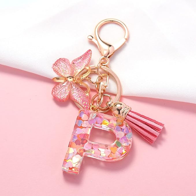 Fashion Alphabet Initial Letter Keychain Tassel Butterfly Pendant Key Ring for Purse Handbags Women Girl