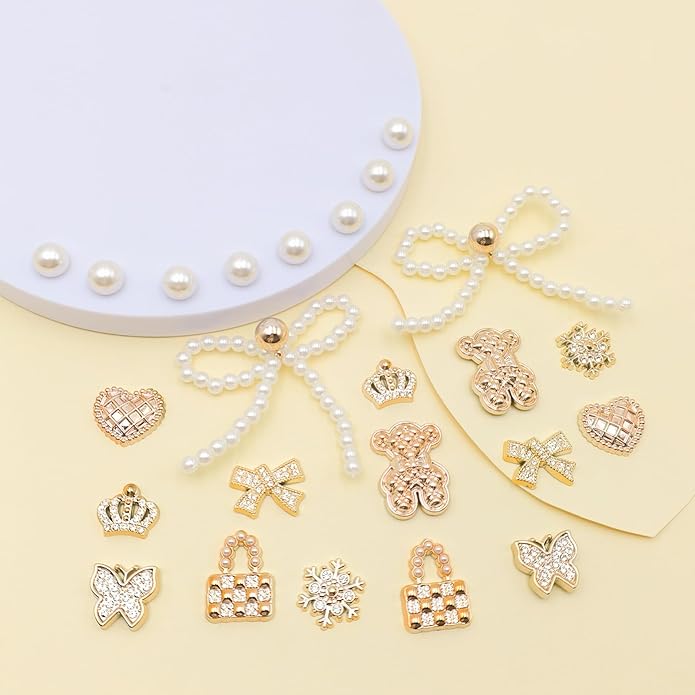 24Pcs Bling Pearl Bow Shoe Charms for Clog Sandals Women, Bear, Flower, Pearl Accessories, DIY Shoe Decoration Charms for Girls
