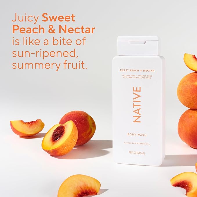 Native Body Wash Contains Naturally Derived Ingredients | For Women & Men, Sulfate, Paraben, & Dye Free Leaving Skin Soft and Hydrating | Sweet Peach & Nectar 18 oz