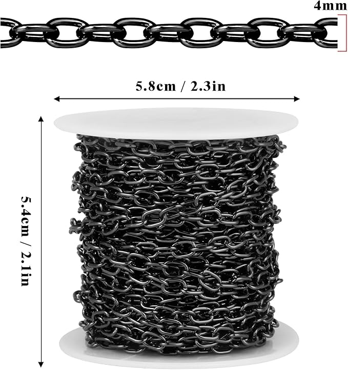 33 Feet Black Rolo Cable Chains Roll, 4 MM Black Plated Aluminium Oval Cable O Links Chain Bulk Spool for Jewelry Making DIY Craft