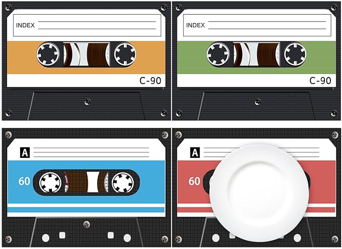 60 Pack Cassette Placemats Paper Placemats Disposable 16x 11 Inch 70s 80s 90s Cassette Hip Hop Paper Table Mats for Birthday Party Home Kitchen Table Decoration