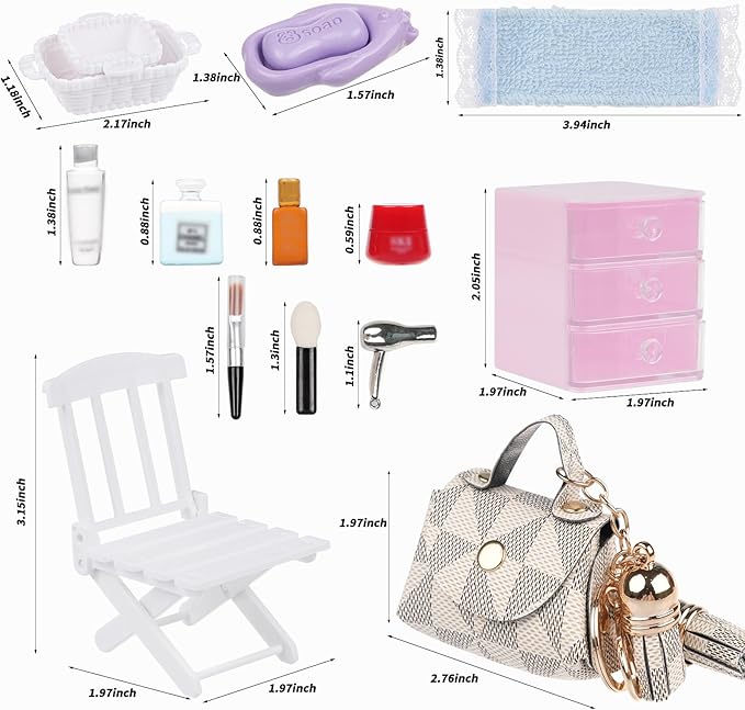 77 Pcs Miniature Dollhouse Accessories, Dollhouse Bathroom Accessories Set with Storage Cases Cosmetic Set Towel Shampoo Perfume Hair Dryer Comb Mask Soap Toiletries Set for Girl Micro Scene
