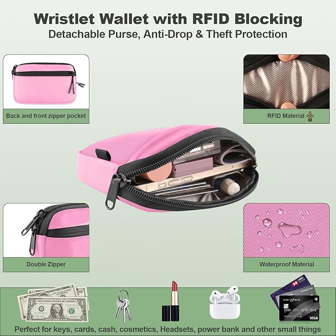 Clip and Go Strap for Phone with Wallet Crossbody, Adjustable Phone Lanyard with Detachable RFID Wristlet Wallet & Ultra-Thin 360° Rotatable Metal Tabs for All Smartphones (Pink)