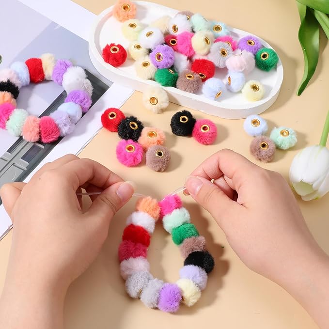 80PCS Pom Pom Beads 10 Color Soft Puff Bead Mixed Fluffy Fuzzy Bead Faux Fur Poms Spacer Beads for Bracelets Jewelry Making Keychains Pens Earrings Garland Headband DIY Crafts Gifts Accessories
