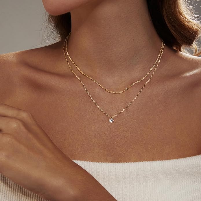 Luxval Diamond Pendant Gold Necklace for Women，Dainty 18k Gold Plated Choker Necklaces Simple Gold Jewelry Gifts for Women Girls