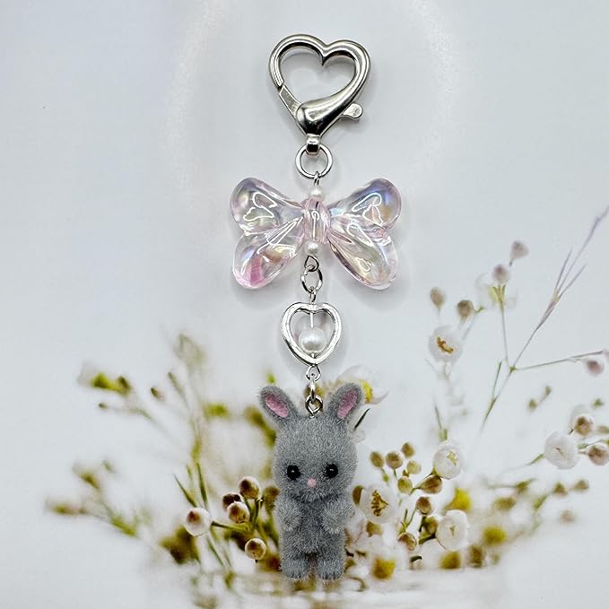 Cute Fuzzy rabbit Keychain for Women - Y2K Plush Bow Bag Charm Decor, Kawaii Kitty Pendant Gift for her