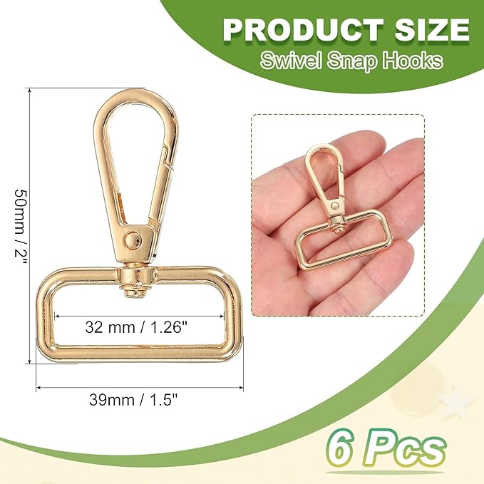 Swivel Snap Hooks, Metal D Ring Keychain Lanyard Clip Hook Lobster Clasp Claw Push Gate Clip - Fitting for(Purse Making - Sewing - DIY Crafts) 6 Pcs & 1.25" & Light Gold
