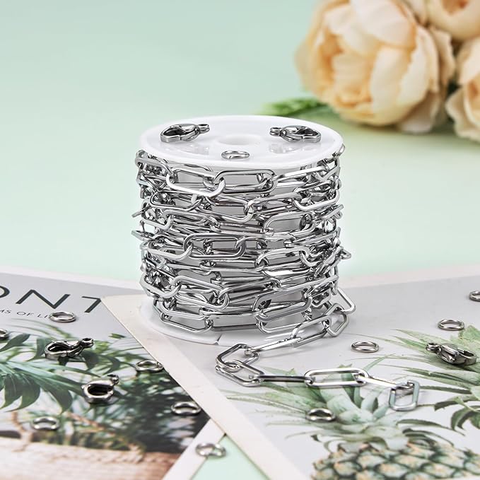 UMAOKANG 6.6 Feet Stainless Steel Chains for Jewelry Making Paperclip Link Craft Chain Roll with Jump Rings and Lobster Clasps
