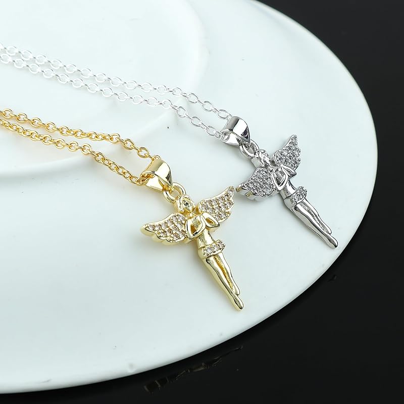 JOR Fairy Charm Pendant Necklace, CZ, Women Jewelry, Dainty Gold & Silver Plated Combo Chain 18 inch (Pack of 2)