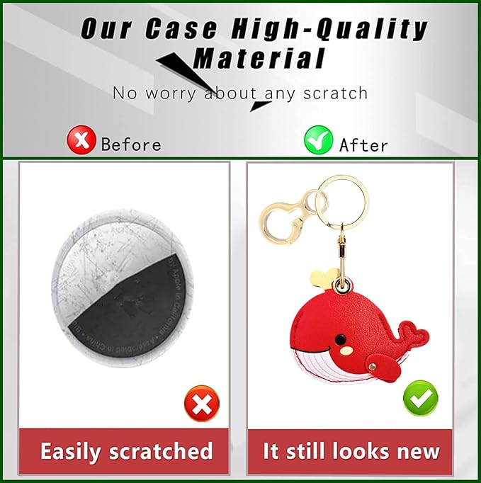 Leather Keychain Holder Case Compatible with AirTag,Cute Protective Cover with Keyring,Anti-Scratch Finder GPS Tracker Case for Wallet Keys,Bag,Pets(Whale Red)
