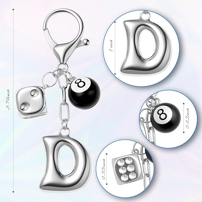 8 Ball Dice Keychain with Silver Bubble Initial - Y2K Aesthetic Cute Bag Purse Charms for Women