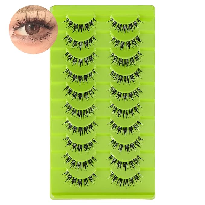 outopen 10 Pairs Manga Lashes Natural Look False Eyelashes Wispy Spiky Anime Lashes Korean Japanese Asian Style Cosplay Fake Eyelashes with Clear Band