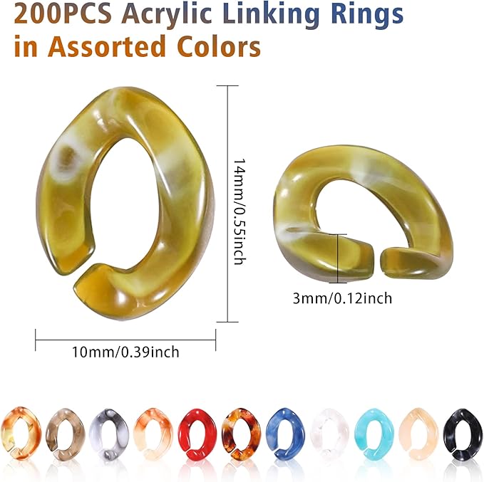 200PCS Acrylic Linking Rings, Link Connectors, Assorted Color Open Link Rings, for DIY Jewelry Making, Purse Eyeglass Jean Pocket Chain Lanyard, 10x14mm