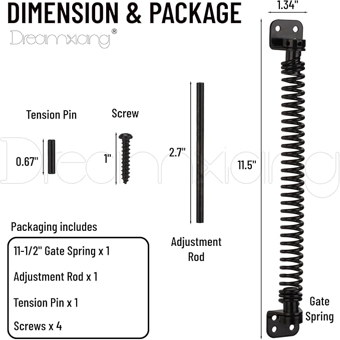 11-1/2" Gate Spring Self Closing Heavy Duty Outdoor Door Spring Automatic Fence Gate Closure Hardware Spring Loaded Gate Latch with Adjustable Tool for Wooden and Vinyl Fence, Black (1 Pack)