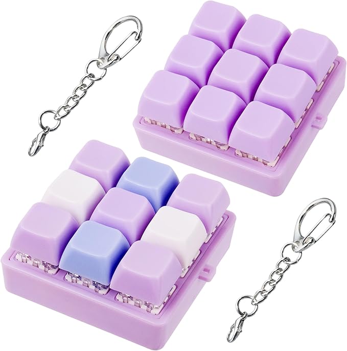 2 Pack 9 in 1 Keyboard Fidget Toy, Keyboard Fidget Keychain Anti-Stress Keyboard Decompression Button Finger Clicker Toys Stress Relief Fidget Gifts (Mix Purple)