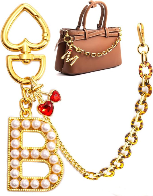 Pearl Initial Keychain with Leopard Bag Charms Wallet Chain Women Cute Alphabet Keychains Charm for Purse Handbag