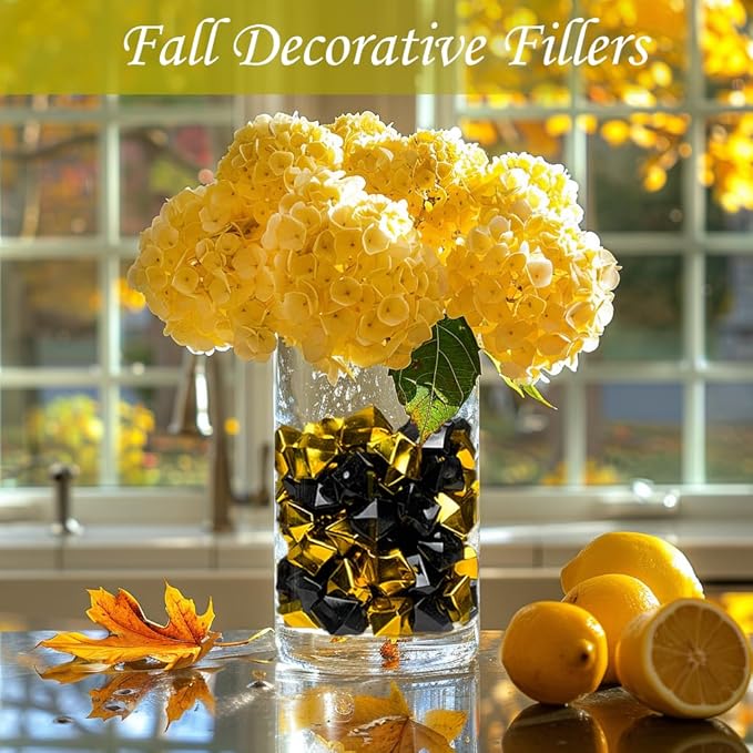 HappyFiller Fall Christmas Decoration Fake Ice Rocks Acrylic Nuggets Gems Stones for Wedding Centerpieces Vase Fillers,Graduation Table Scatters Party Decor,Home Accents,Gold Black,14 OZ