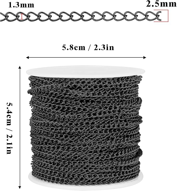 66FT Gunmetal Stainless Steel Curb Chains Roll, 2.5mm 304 Stainless Steel Black Flat Twisted Links Curb Chains Bulk Spool for Jewelry Making DIY Craft