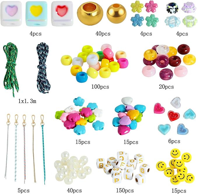 HolidayQbee DIY Bead Keychain Making Kit Beads-421PCS Beaded Bag Charm Making Kit Letter Alphabet Name Beads Heart Flower Key Chain Jewelry Accessories Making Kit for Boy Girls Kids Christmas Gifts