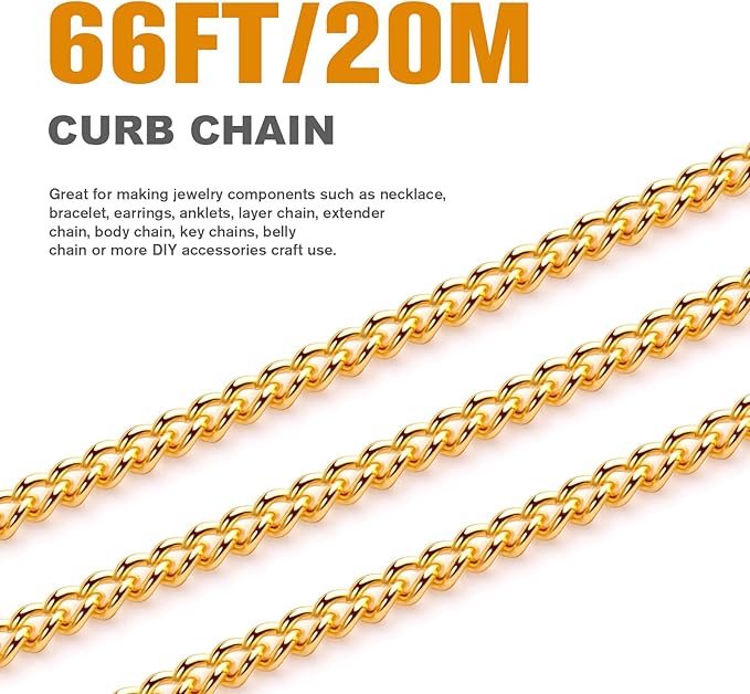 66 Feet 18K Gold Plated Curb Chains Roll, 1.5 mm 304 Stainless Steel Gold Flat Twisted Links Chains Bulk Spool for Jewelry Making DIY Craft