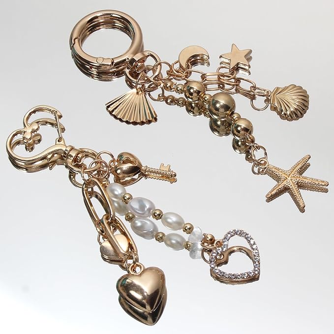 Pearl Beaded Keychain Charms, Cute Purse Charms for Handbags, Gold Starfish Keyring for Women, Heart Star Moon Shell