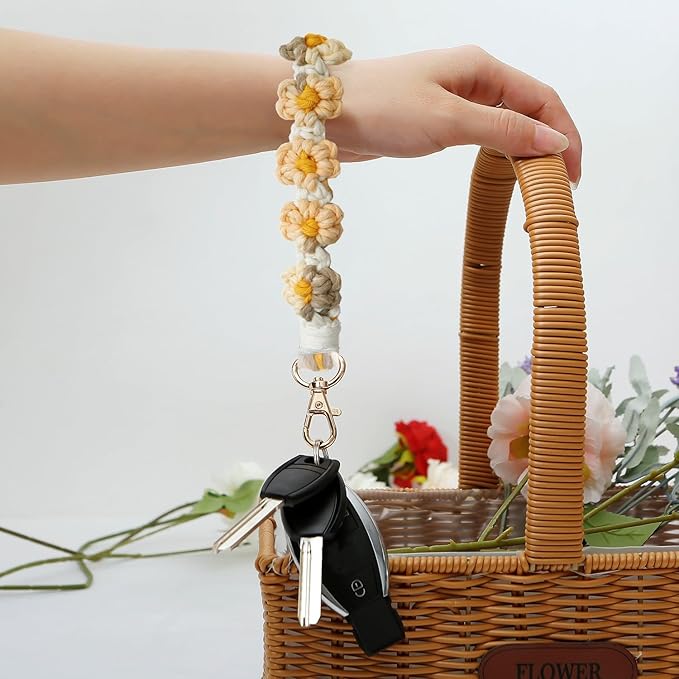 Macrame Keychain Handmade Wristlet Keychain Wrist Lanyard for Keys Cute flower keychain Key Chain for Women