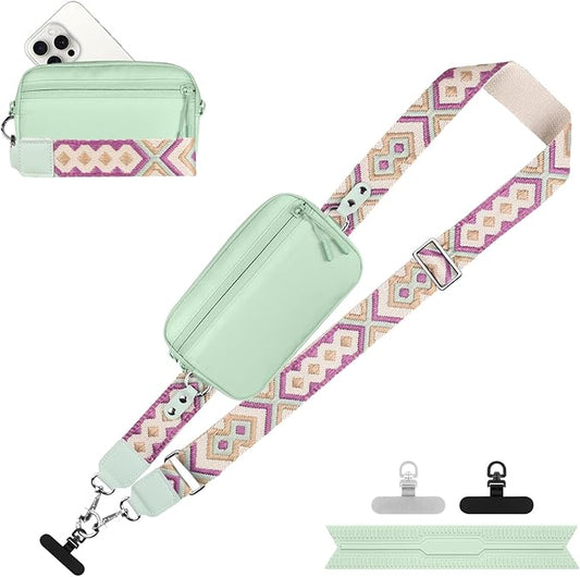 Clip and Go Strap for Phone with Wallet Crossbody, Adjustable Phone Lanyard with Detachable RFID Wristlet Wallet, Pattern Strap - Green (L)