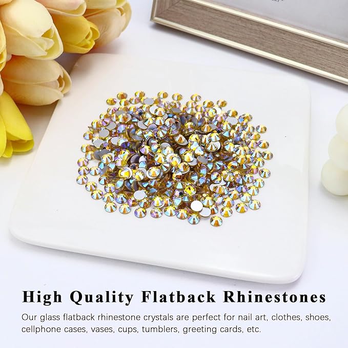 1440PCS SS10 Crystal Glass Flatback Rhinestones, Round Flat Back Crystal Gems for Nail Art and Craft Clothes, Glue Fix Diamond Stones Citrine/Lemon Yellow AB (2.7-2.8mm)