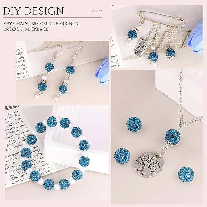 200 Pcs Blue Zircon Rhinestone Beads for Jewelry Making, Sparkle Crystal Clay Christmas for Bracelet Baseball Necklace Earring Crafting and DIY, Shiny Round Shamballa Disco Ball Beads Bulk