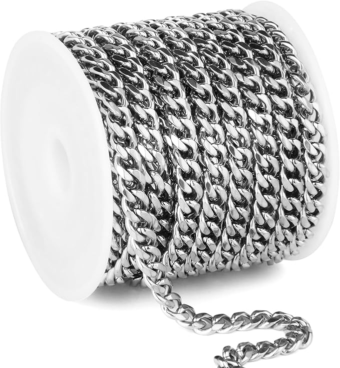 33FT Stainless Steel Cuban Chain Roll 5MM Width Diamond-Cut Curb Link Chains Spool Bulk for DIY Crafts Jewelry Making