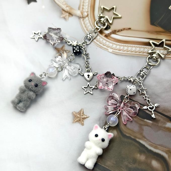 Cute Cat Keychain, Y2K Heart Bow Pendant, Kawaii Cat Bag Charm
