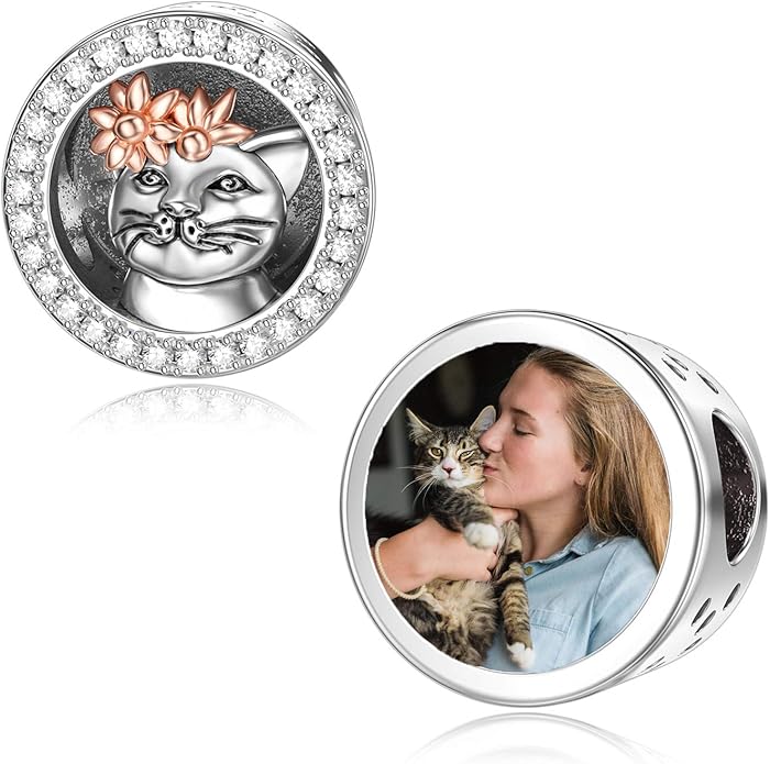LONAGO 925 Sterling Silver Personalized Photo Charm Fit Compatible for Bracelet Necklace Customized Heart Round Shape Picture Bead