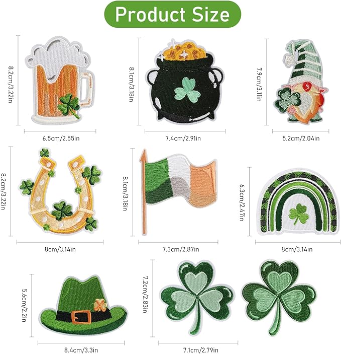 WILDREEDS 9 Pieces Assorted Styles St. Patrick's Day Iron on Patches, Irish Clover Lucky Shamrock Embroidered Patch for Clothing, T-Shirt, Backpacks, Hats, Jeans, Jackets