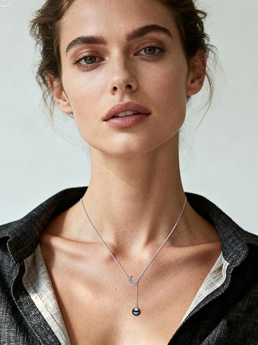 KANNSOAR Tahitian Black Pearl AAAA 18K White Gold Plated Sterling Silver Moon Pendant Y Necklace for Women Wife Mom Girlfriend Her Jewelry Gift for Anniversary Birthday