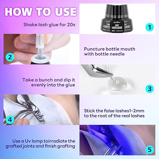 UV Eyelash Glue UV Glue 5ml DIY Lash Extensions 1 Sec Light Curing Fast-Drying 7-8 Weeks Long Lasting Waterproof Professional Use Only (Blue)