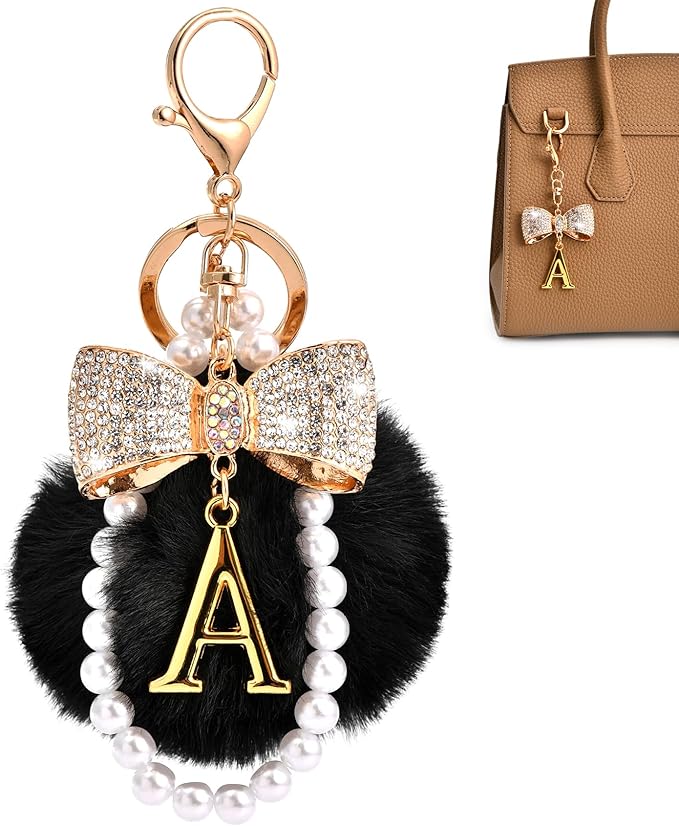 Gold Initial Keychain with Rhinestone Bow & Black Pom Pom, Cute Letter Bag Charm for Women Purse and Car Keys