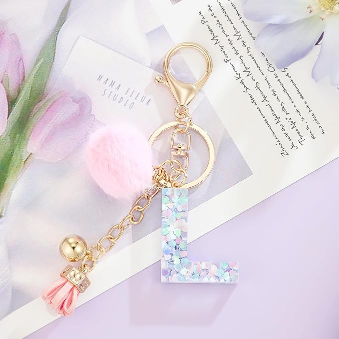 Resin Alphabet Initial Letter Keychain Keyring for Women Purse Handbags With Fur Ball Pom