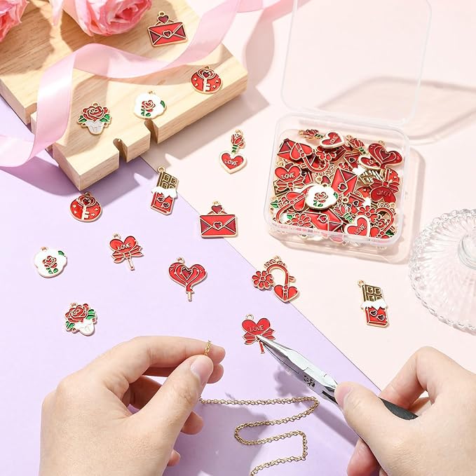 Stiesy 45 Pcs 9 Styles Romantic Sweet Enamel Valentine's Day Charms Red Heart Love Envelope Chocolate Flower Charm Pendant Bulk for DIY Date Necklace Bracelet Earring Presents