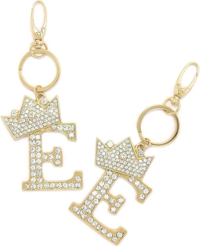 CBC Crown Crystal Rhinestone Letter Initial Keychain, Gold Metal, Bag Charm with Key Ring Approx. 2.17" x 2.56"