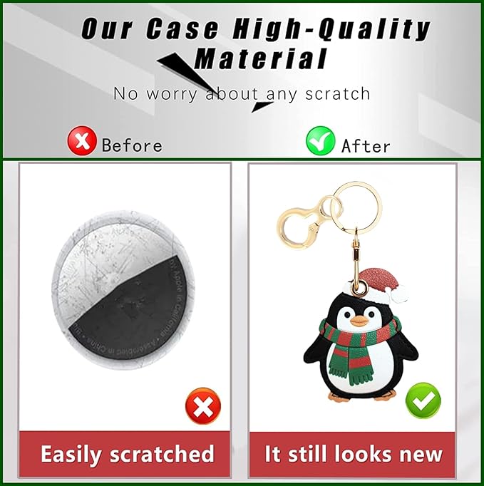 Leather Keychain Holder Case Compatible with AirTag,Cute Protective Cover with Keyring,Anti-Scratch Finder GPS Tracker Case for Wallet Keys,Bag,Pets(Penguin)
